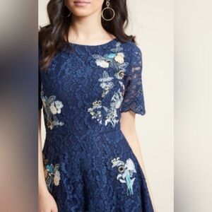 Modcloth Always Lovely Lace Embroidered Beaded Floral Dress A-Line Blue size XS